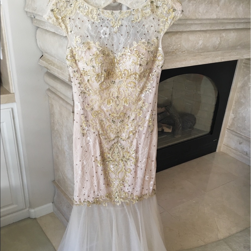 Nude lace Gold embellishment mermaid prom dress